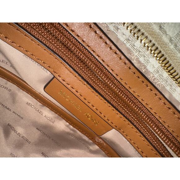 Michael Kors Jet Set Crossbody MK Logo Canvas Tan Leather Zip w/ Dust Bag - Picture 2 of 15